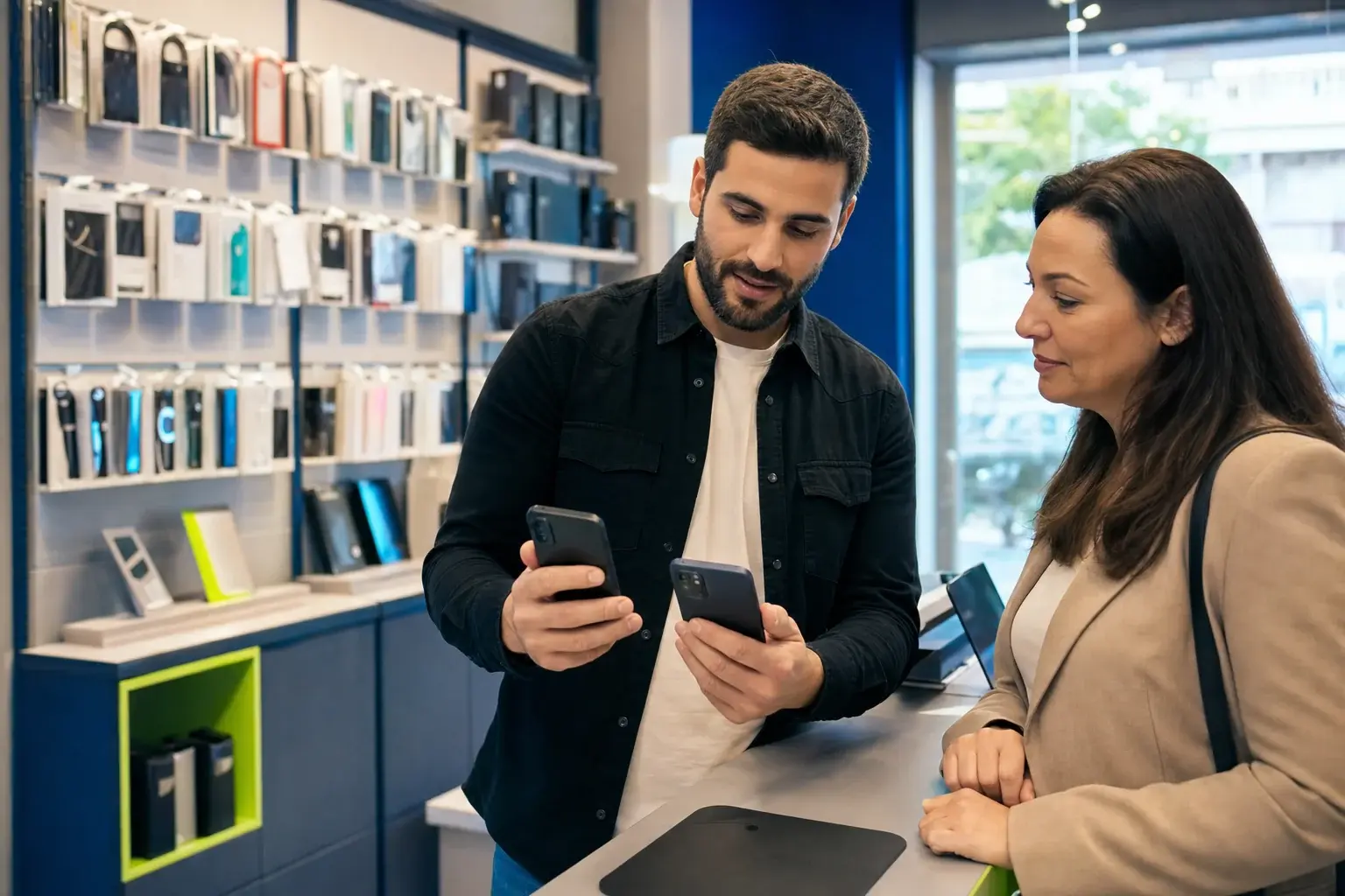 Customer consultation at a modern mobile phone shop